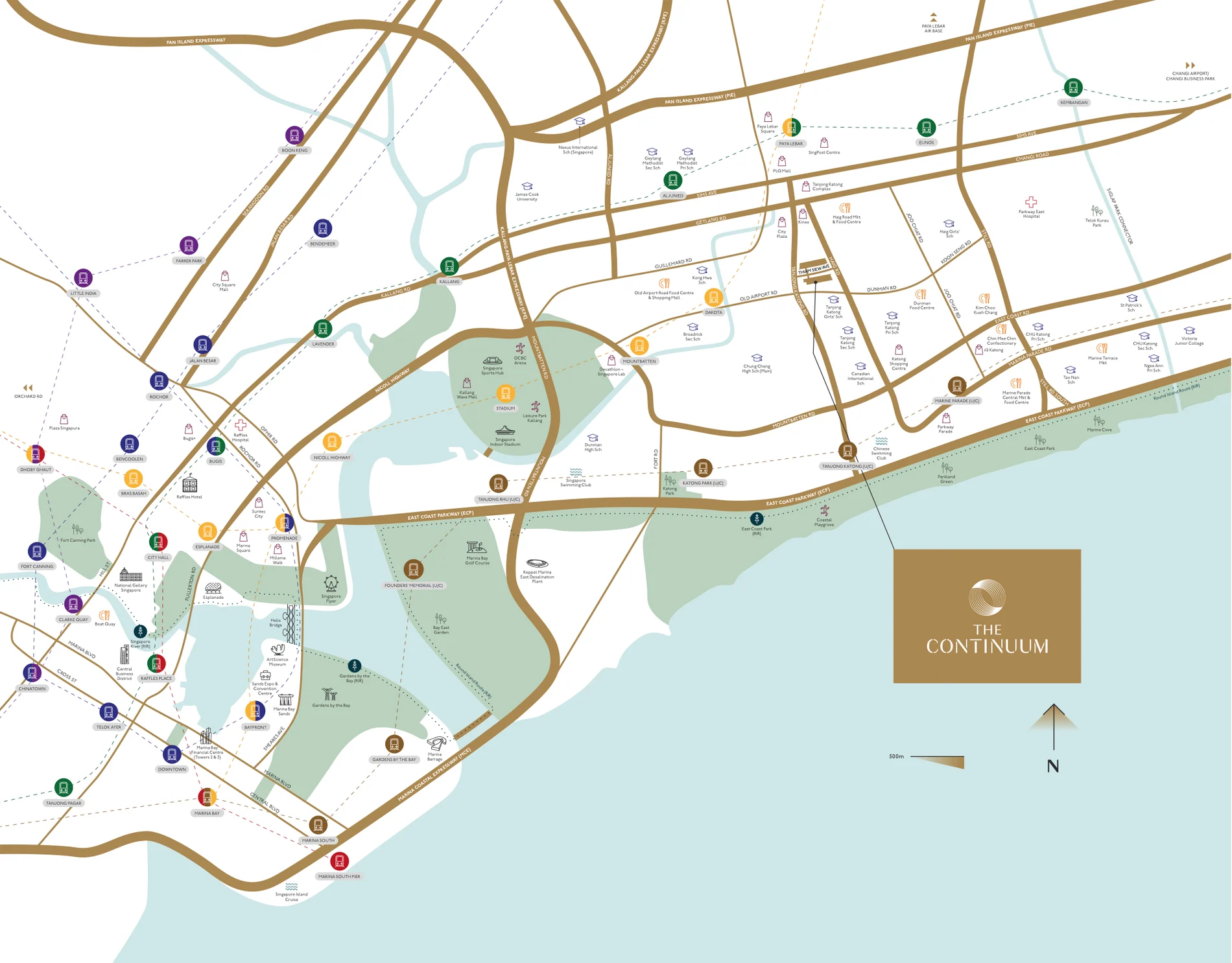 Location map showing The Continuum in relation to Dakota, Paya Lebar and Tanjong Katong MRT stations, nearby schools and the ECP